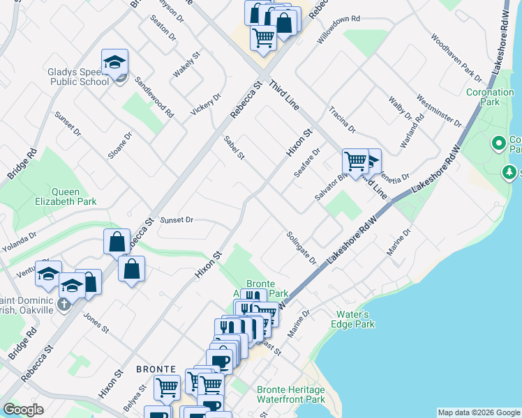 map of restaurants, bars, coffee shops, grocery stores, and more near 194 Solingate Drive in Oakville