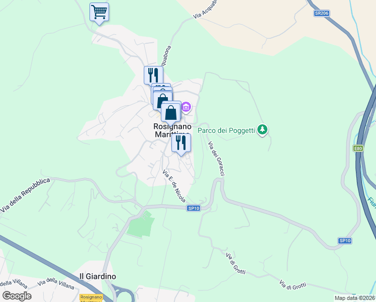 map of restaurants, bars, coffee shops, grocery stores, and more near 13a Via del Castello in Rosignano Marittimo