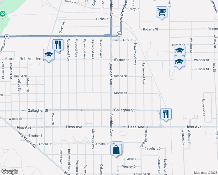 map of restaurants, bars, coffee shops, grocery stores, and more near 2203 Morris Street in Saginaw