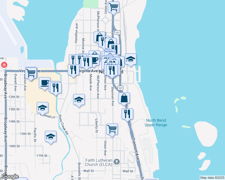 map of restaurants, bars, coffee shops, grocery stores, and more near 2196 Sherman Avenue in North Bend