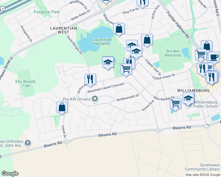 map of restaurants, bars, coffee shops, grocery stores, and more near 141 Mountain Laurel Crescent in Kitchener