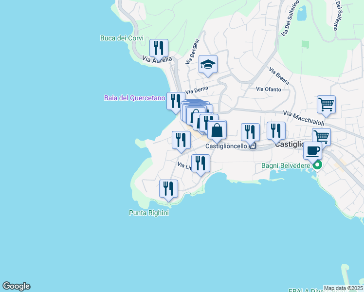 map of restaurants, bars, coffee shops, grocery stores, and more near 22 Via Diego Martelli in Rosignano Solvay-Castiglioncello