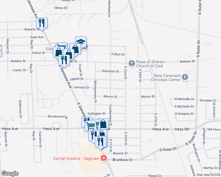 map of restaurants, bars, coffee shops, grocery stores, and more near 4101 Lamson Street in Saginaw