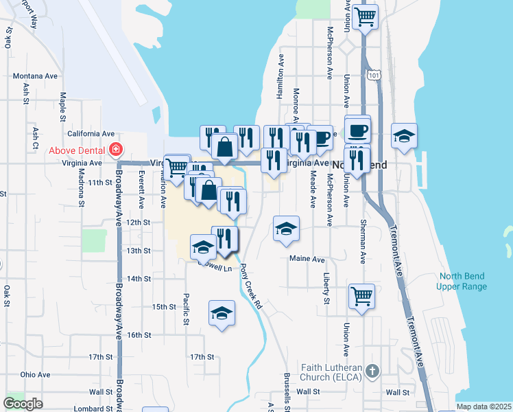 map of restaurants, bars, coffee shops, grocery stores, and more near 2142 Harrison Street in North Bend