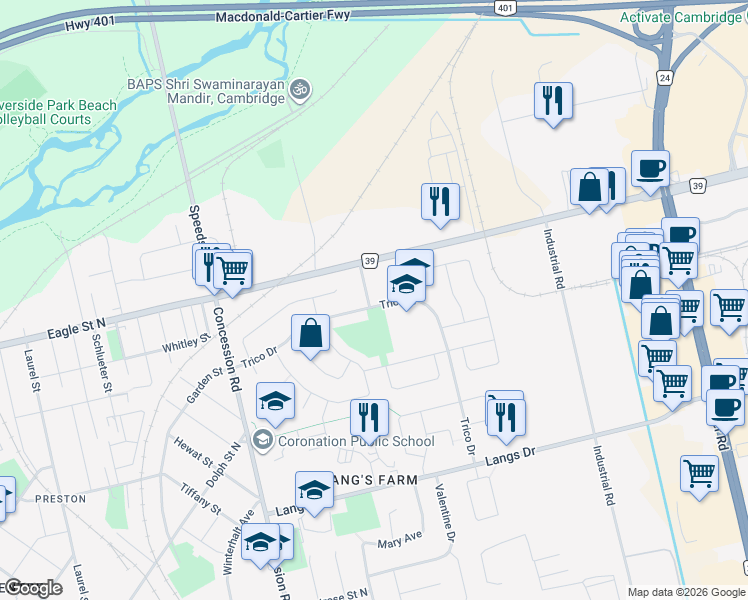 map of restaurants, bars, coffee shops, grocery stores, and more near 617 Trico Drive in Cambridge