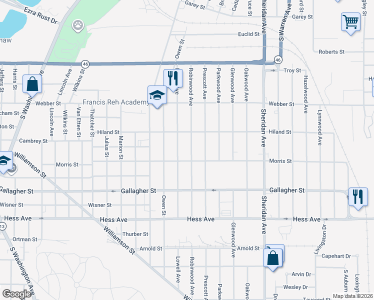 map of restaurants, bars, coffee shops, grocery stores, and more near 2424 Lowell Avenue in Saginaw
