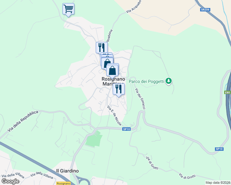 map of restaurants, bars, coffee shops, grocery stores, and more near 22 Via del Castello in Rosignano Marittimo