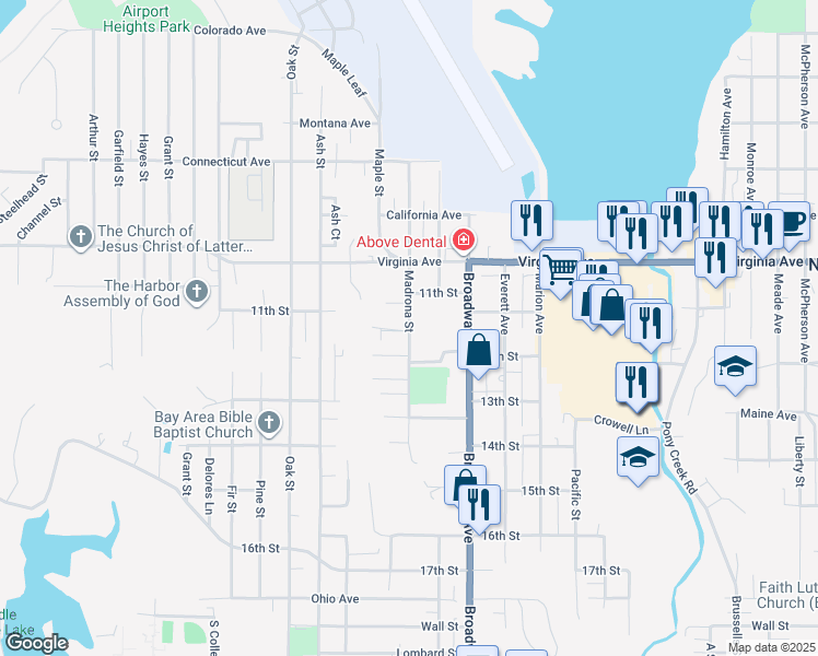map of restaurants, bars, coffee shops, grocery stores, and more near 2186 Madrona Street in North Bend