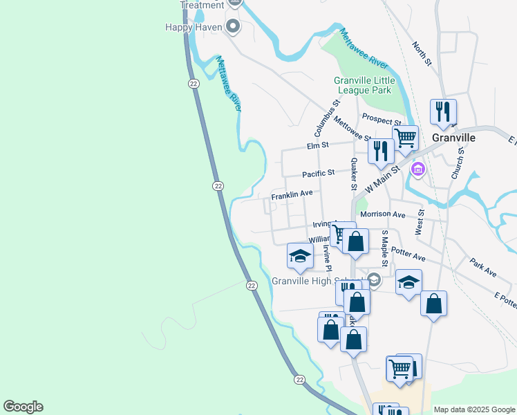 map of restaurants, bars, coffee shops, grocery stores, and more near 23 Irving Avenue in Granville