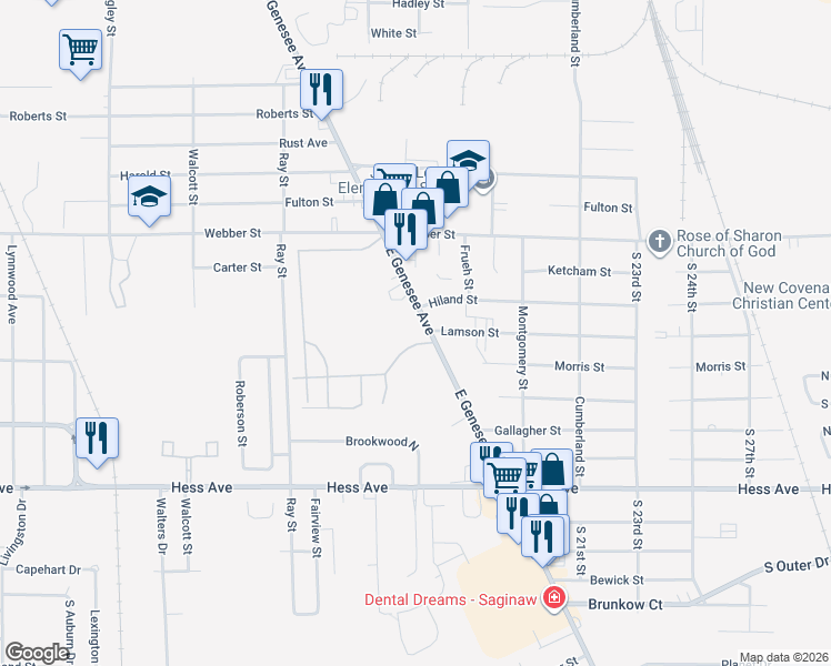map of restaurants, bars, coffee shops, grocery stores, and more near in Saginaw