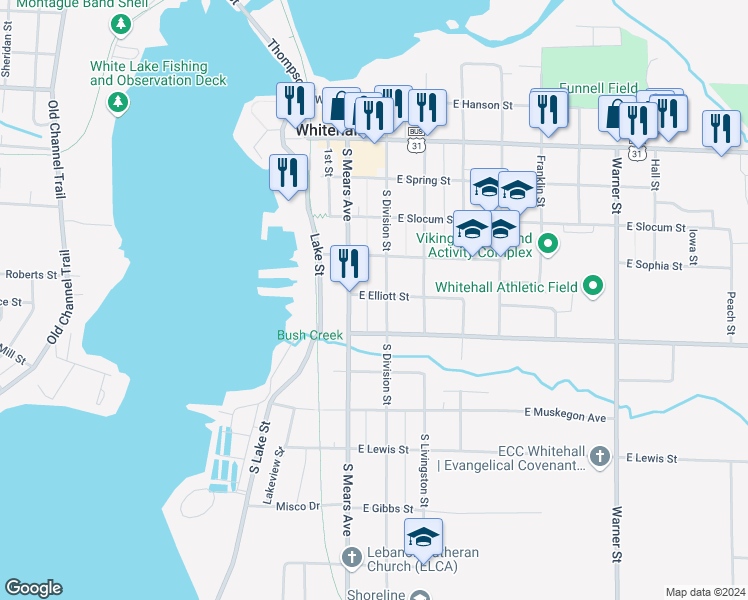 map of restaurants, bars, coffee shops, grocery stores, and more near 523 South Division Street in Whitehall