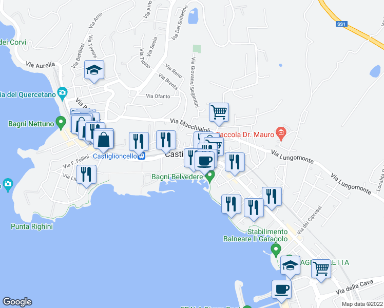 map of restaurants, bars, coffee shops, grocery stores, and more near in Castiglioncello