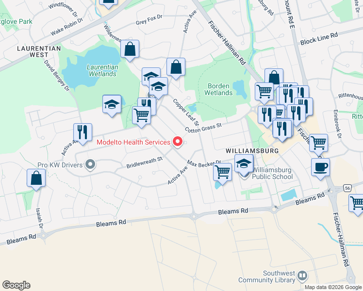 map of restaurants, bars, coffee shops, grocery stores, and more near 505 Bridlewreath Court in Kitchener