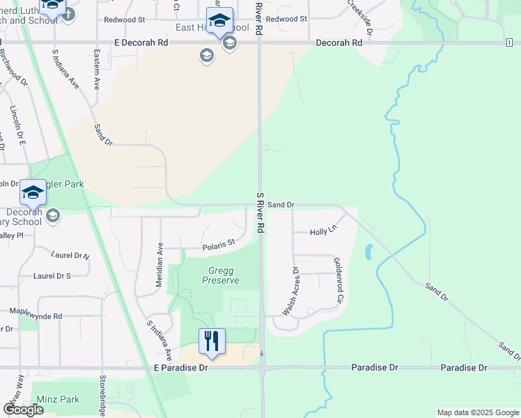 map of restaurants, bars, coffee shops, grocery stores, and more near 5982 South River Road in West Bend