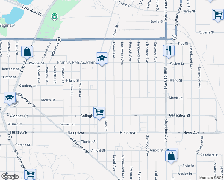 map of restaurants, bars, coffee shops, grocery stores, and more near 2302 Lowell Avenue in Saginaw