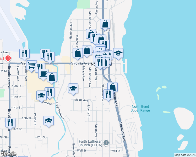 map of restaurants, bars, coffee shops, grocery stores, and more near 2090 Union Avenue in North Bend