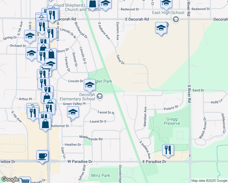 map of restaurants, bars, coffee shops, grocery stores, and more near Eisenbahn State Trail in West Bend