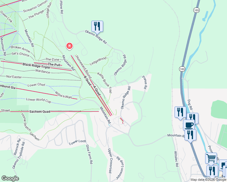 map of restaurants, bars, coffee shops, grocery stores, and more near 51 Kettlebrook Road in Windsor County