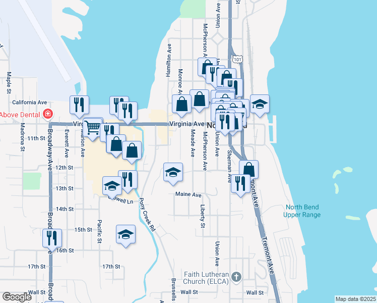 map of restaurants, bars, coffee shops, grocery stores, and more near 2097 Meade Avenue in North Bend