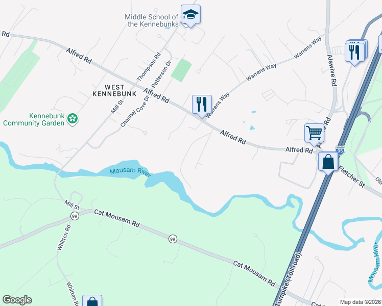 map of restaurants, bars, coffee shops, grocery stores, and more near 25 Maple Avenue in Kennebunk