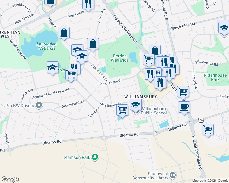 map of restaurants, bars, coffee shops, grocery stores, and more near 35 Dubrick Crescent in Kitchener