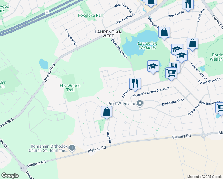 map of restaurants, bars, coffee shops, grocery stores, and more near 592 Peach Blossom Court in Kitchener