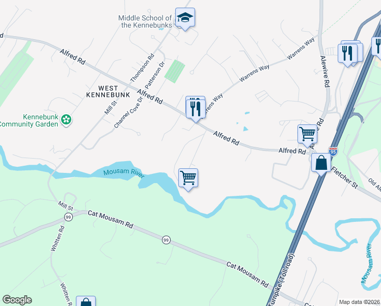 map of restaurants, bars, coffee shops, grocery stores, and more near 25 Maple Avenue in Kennebunk