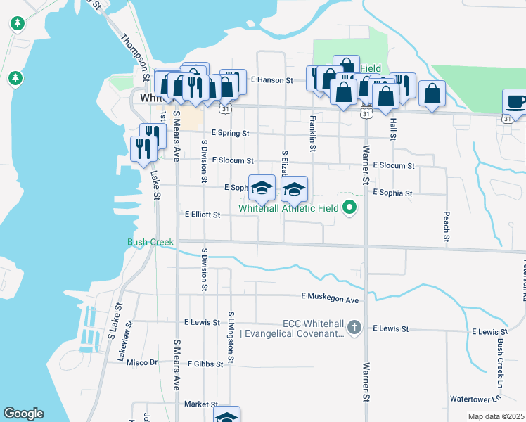 map of restaurants, bars, coffee shops, grocery stores, and more near 425 East Sophia Street in Whitehall