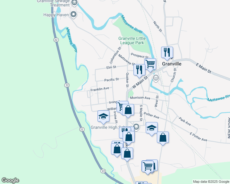 map of restaurants, bars, coffee shops, grocery stores, and more near 13 Columbus Street in Granville
