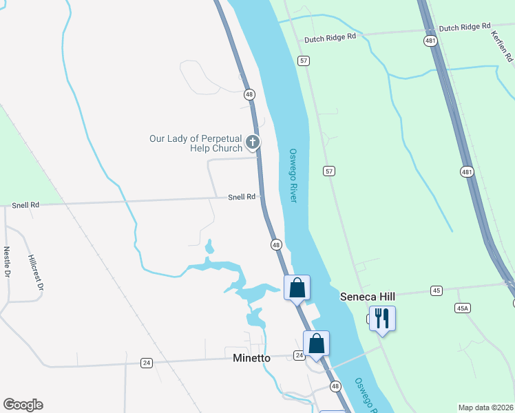 map of restaurants, bars, coffee shops, grocery stores, and more near 2 County Route 42 in Oswego