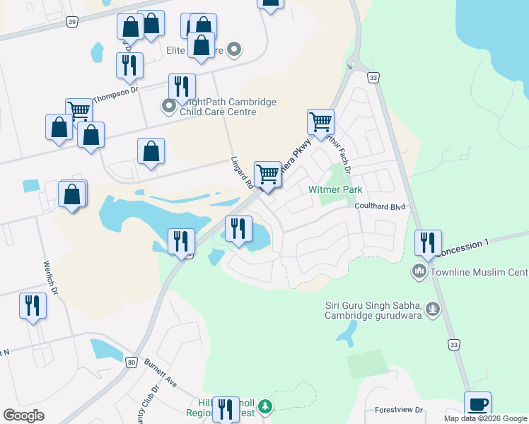 map of restaurants, bars, coffee shops, grocery stores, and more near 24 Baintree Way in Cambridge