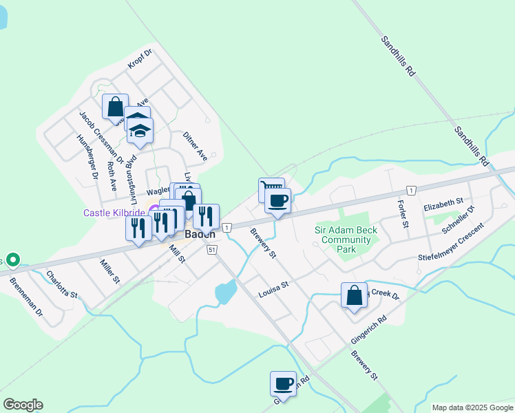 map of restaurants, bars, coffee shops, grocery stores, and more near 4 Old School House Road in Baden