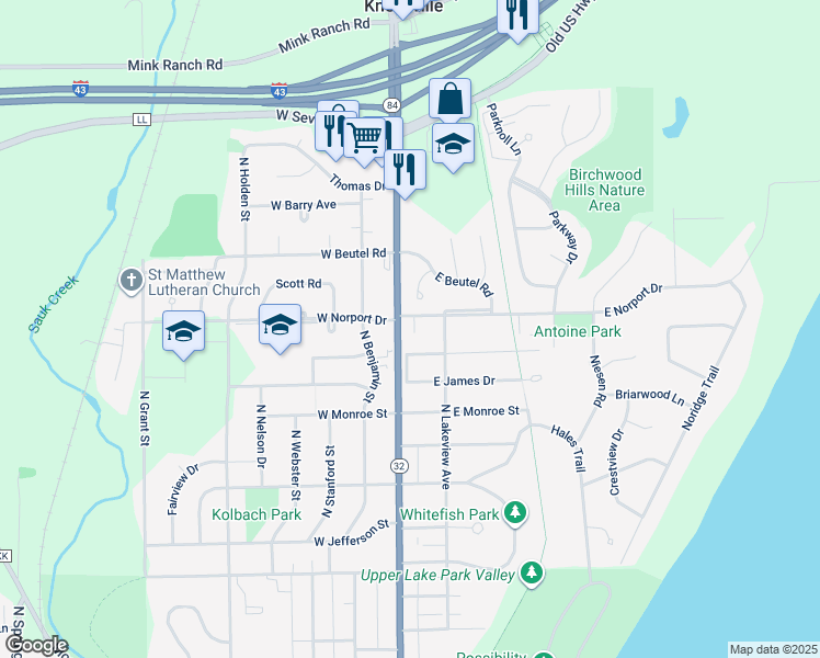 map of restaurants, bars, coffee shops, grocery stores, and more near 1508 Meadow Court in Port Washington