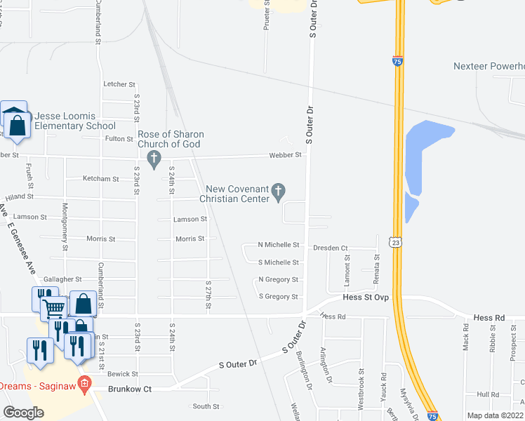 map of restaurants, bars, coffee shops, grocery stores, and more near 2395 South Outer Drive in Saginaw