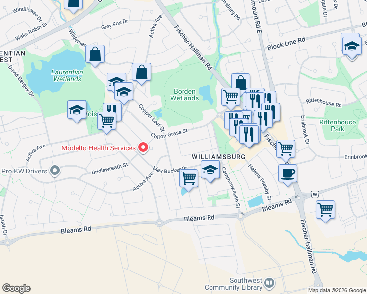map of restaurants, bars, coffee shops, grocery stores, and more near 14 Swartz Street in Kitchener