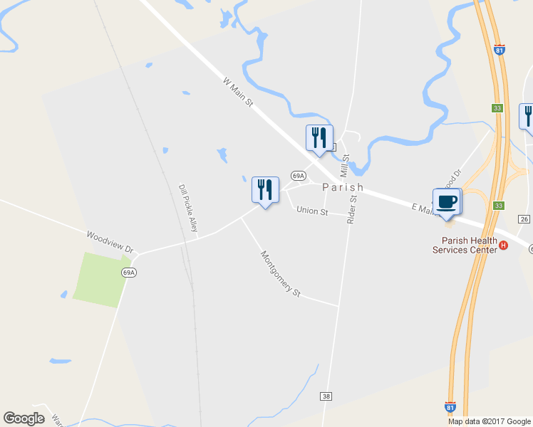 map of restaurants, bars, coffee shops, grocery stores, and more near 380 South Railroad Street in Parish