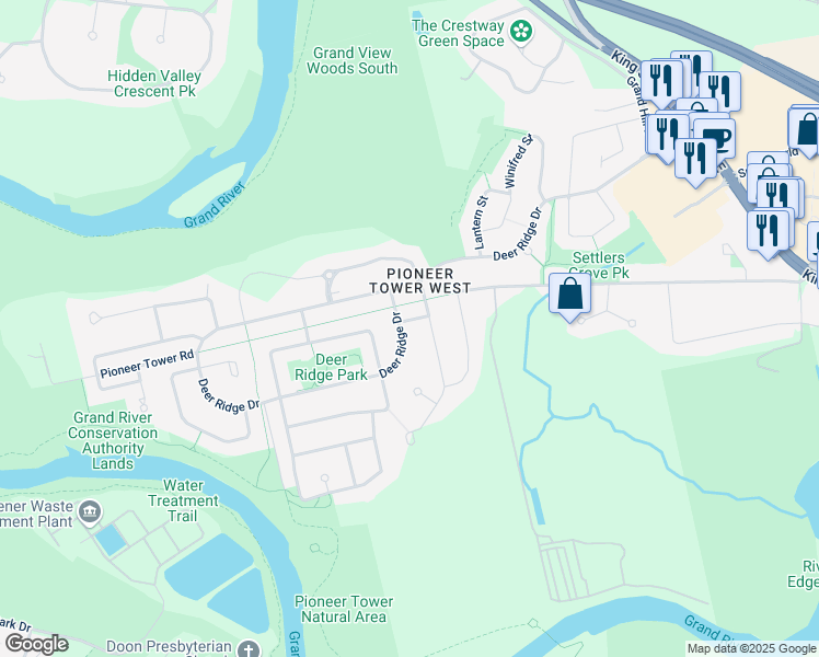 map of restaurants, bars, coffee shops, grocery stores, and more near 538 Deer Ridge Drive in Kitchener