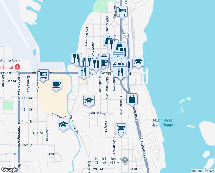 map of restaurants, bars, coffee shops, grocery stores, and more near 2090 Union Avenue in North Bend