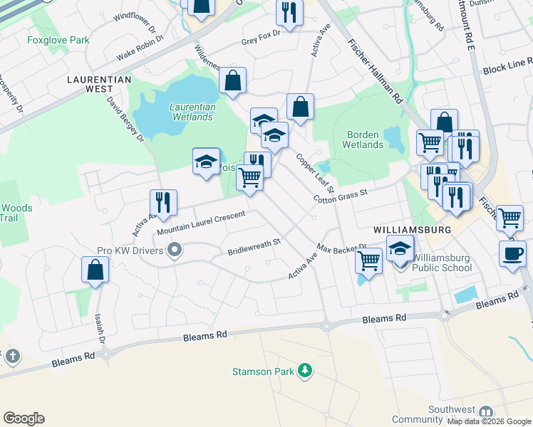 map of restaurants, bars, coffee shops, grocery stores, and more near 34 Mountain Laurel Crescent in Kitchener