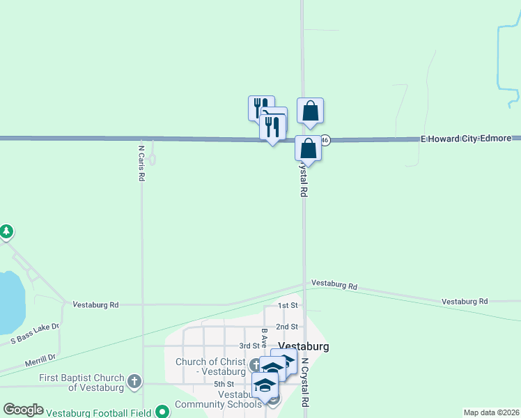 map of restaurants, bars, coffee shops, grocery stores, and more near 7917 North Crystal Road in Vestaburg