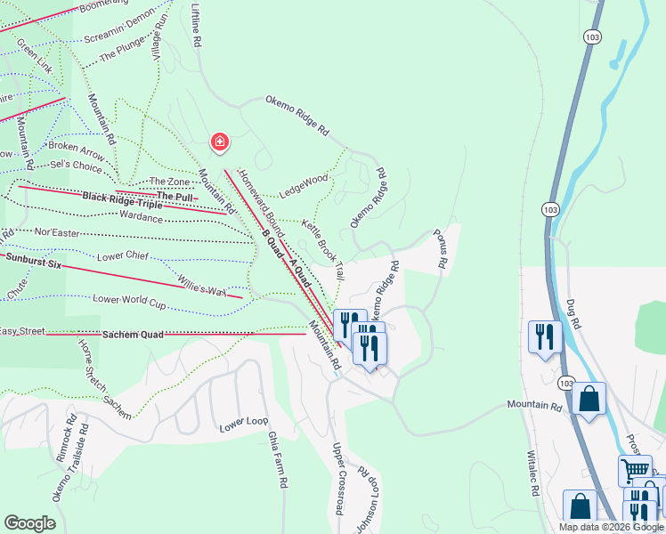 map of restaurants, bars, coffee shops, grocery stores, and more near 51 Kettlebrook Road in Windsor County