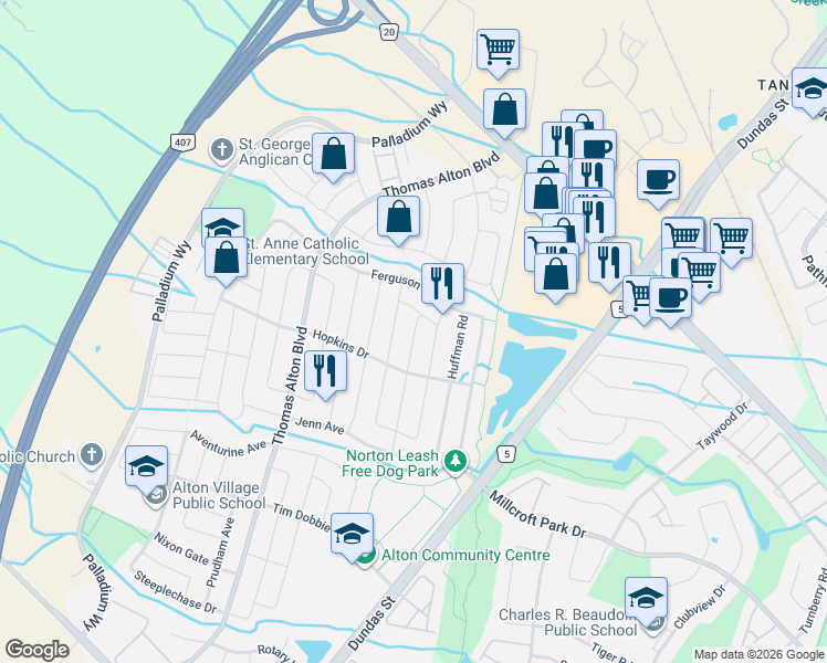 map of restaurants, bars, coffee shops, grocery stores, and more near 4679 Webb Street in Burlington