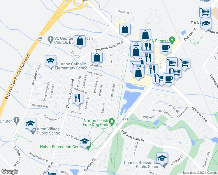 map of restaurants, bars, coffee shops, grocery stores, and more near 4680 McLeod Road in Burlington