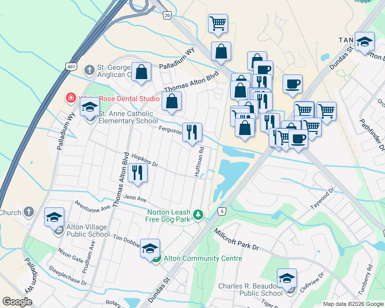 map of restaurants, bars, coffee shops, grocery stores, and more near 4693 Huffman Road in Burlington