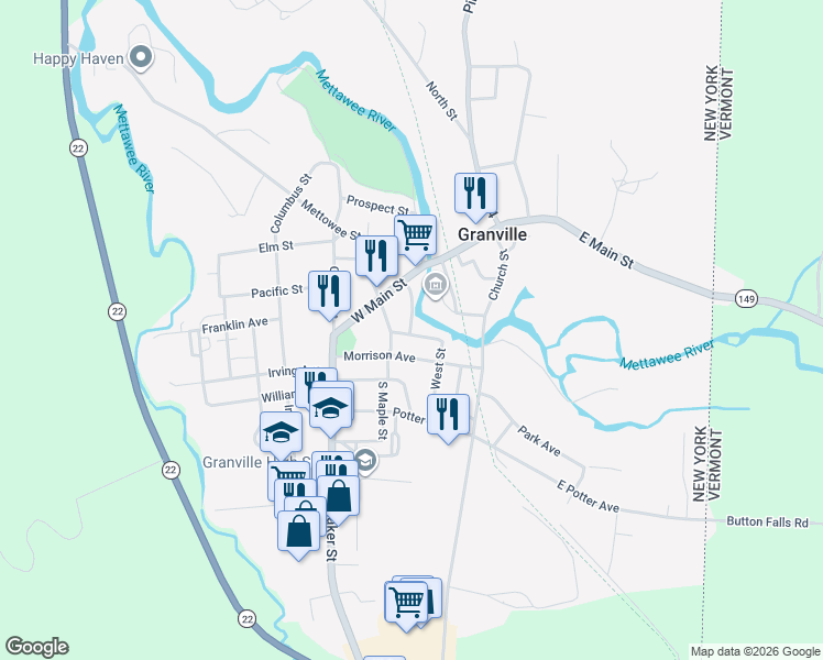 map of restaurants, bars, coffee shops, grocery stores, and more near 1 Rathbun Avenue in Granville