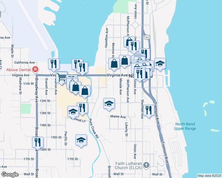 map of restaurants, bars, coffee shops, grocery stores, and more near 2120 Monroe Street in North Bend