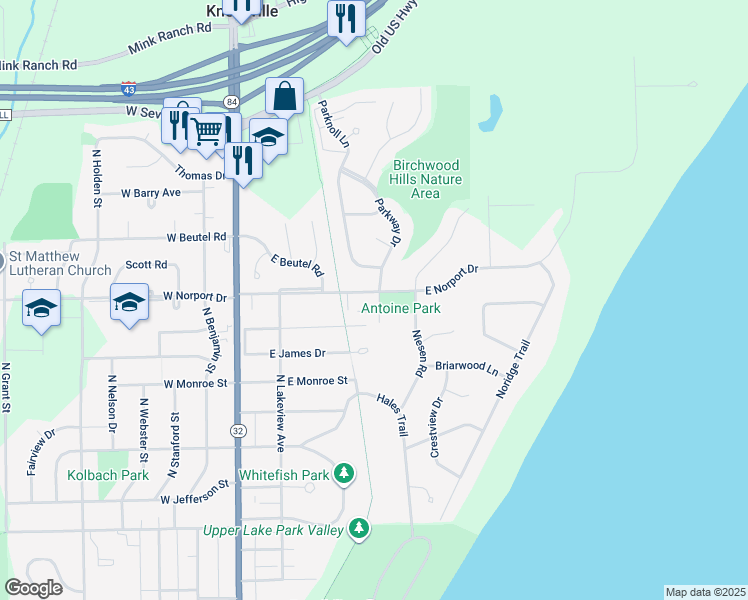 map of restaurants, bars, coffee shops, grocery stores, and more near 1409 Parkway Drive in Port Washington
