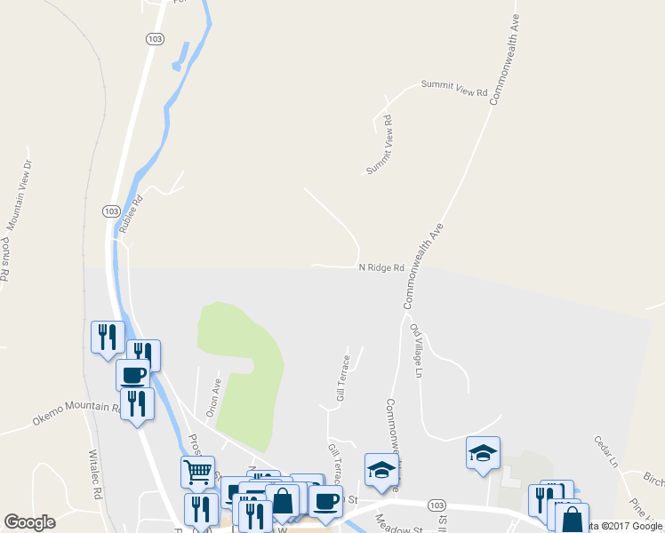 map of restaurants, bars, coffee shops, grocery stores, and more near 137 North Ridge Road in Ludlow