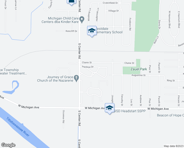 map of restaurants, bars, coffee shops, grocery stores, and more near 145 Camelot Drive in Saginaw