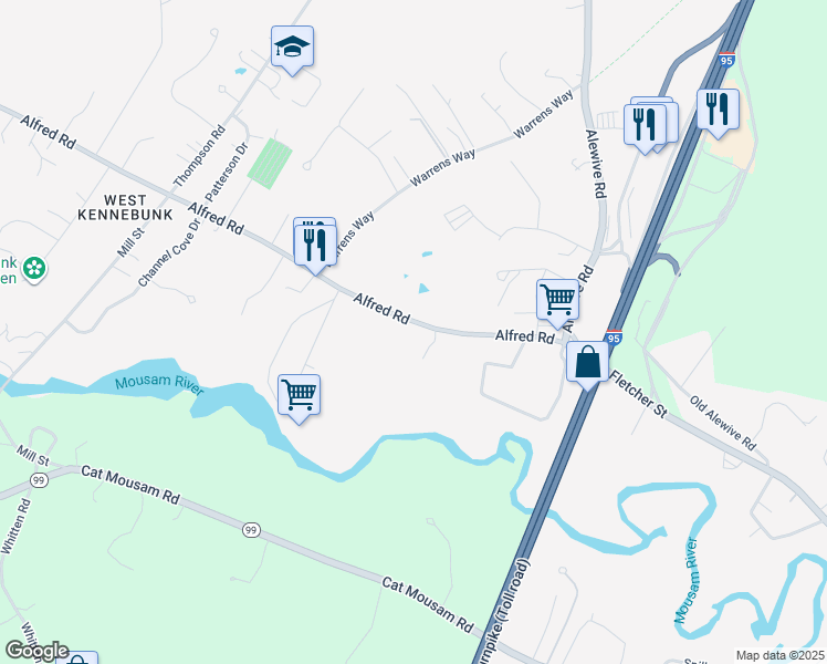 map of restaurants, bars, coffee shops, grocery stores, and more near 76 Alfred Road in Kennebunk
